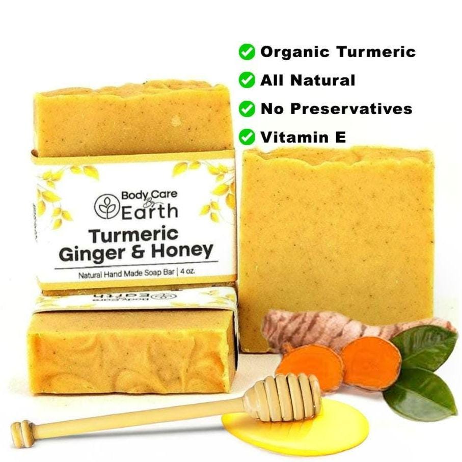 Organic Turmeric Ginger Honey Soap Natural Exfoliating Face & Body Bar Brightening, Soothing Moisturizing Handmade with Organic Oils, Aloe